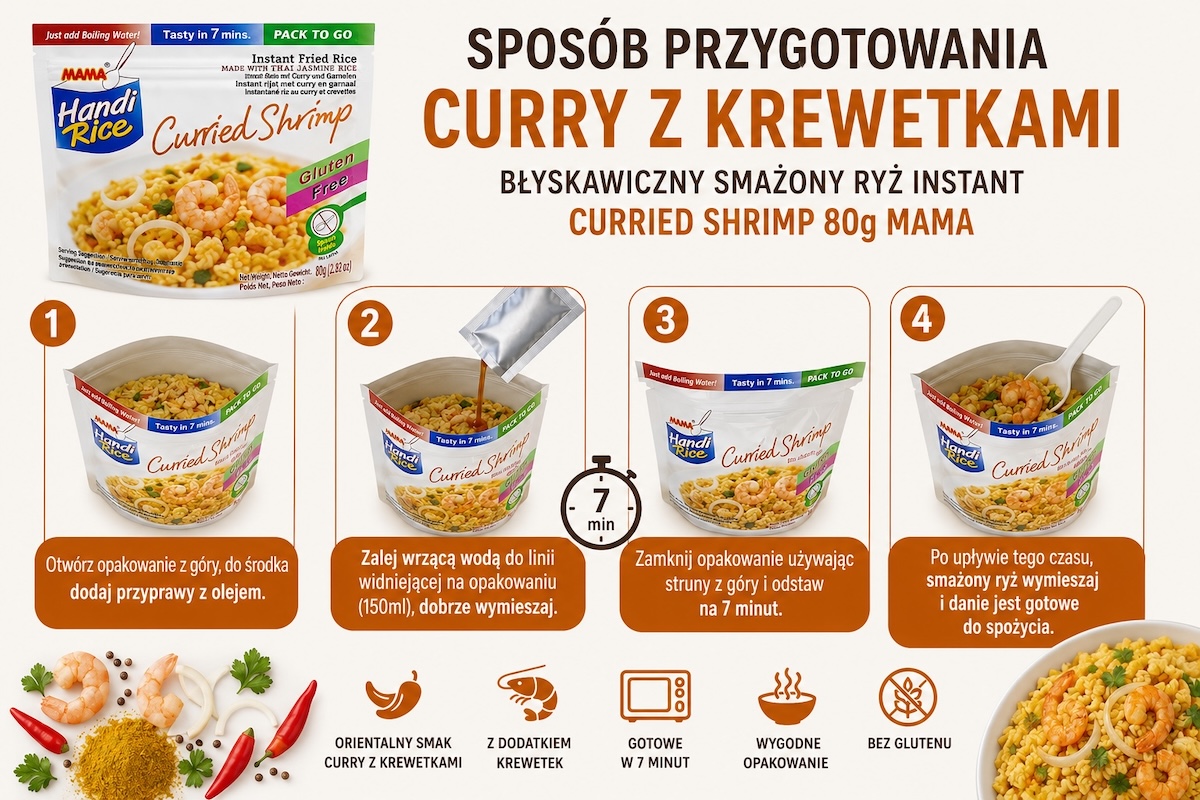 Przygotowanie: Błyskawiczny Smażony Ryż Instant Curry z Krewetkami Curried Shrimp 80g MAMA